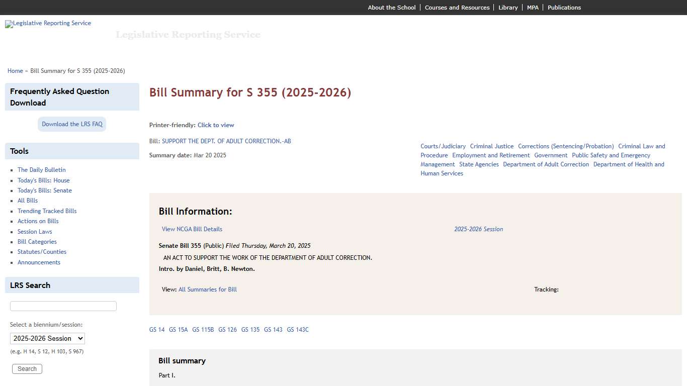 Bill Summary for S 355 (2025-2026) Legislative Reporting Service